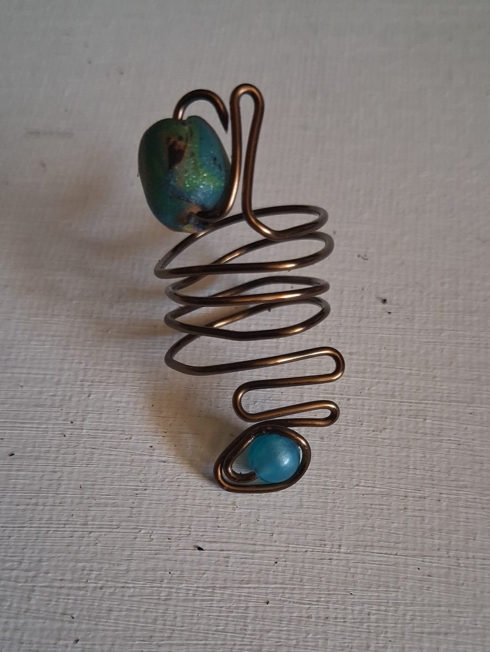 Handcrafted Copper Spiral Ring with Teal Beads- By Creative Souls Vibe